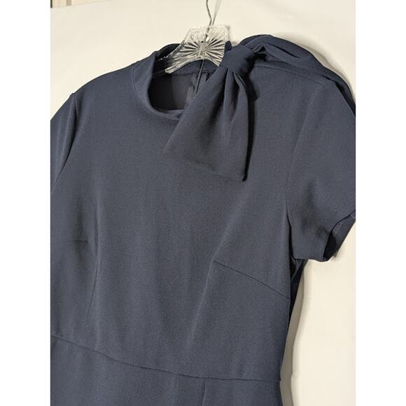 Elegant navy Peplum Work Dress with Bow Detail-size 6 ClassicStyle Office Twee - Picture 3 of 6